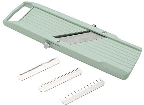 Benriner BN-1GR Japanischer Hand-Mandolinenschneider mit drei austauschbaren Edelstahlklingen, elfenbeinfarben, Gemüseschäler, Obstschneider, Edelstahl, Grün