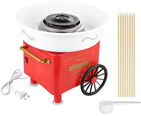 KANGXIN Machine à Barbe à Papa 450W, Appareil à Barbe à Papa 220 V, Mini Maison DIY Machine à Bonbons avec 10 Bâtonnets de barbe à papa et 1 Cuillère doseuse (30×30×30 cm, Rouge)