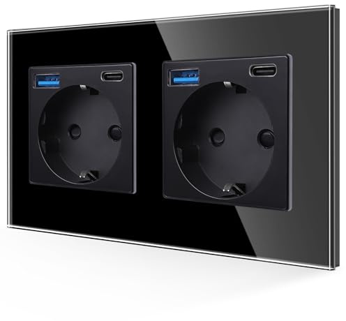 JIMEIDA Doppelsteckdose mit USB 20W in Schwarz, 16Amp Glas Steckdosen mit Schnelles Laden USB Anschluss und Typ C Port, Unterputz Schutzkontakt Wandsteckdose-157 * 86mm, 250V, 2 Fach