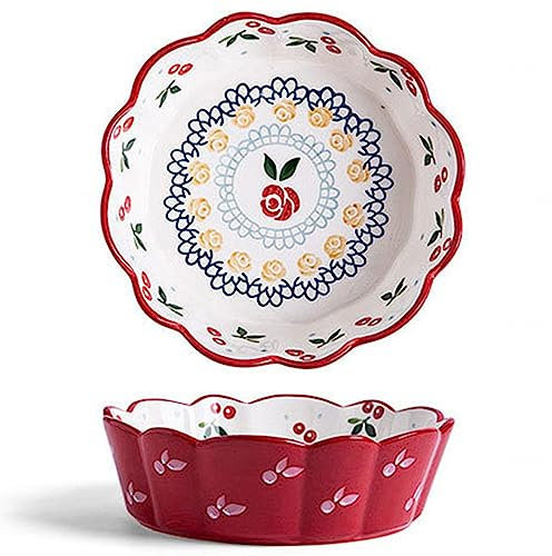 NGDECOR Platos de Pasta de Ensalada de Postre de Cerámica Plato Hondo con Borde Ondulado para Pastel de Manzana, Refrigerios, Aperitivos, Helados, Colorido y Duradero, Juego de 2, Cereza Roja,8 Inch