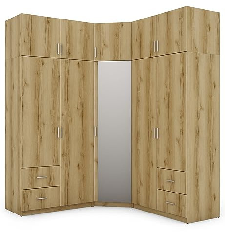e-Meblast - 3-teilige Eckschrank - 189x240x54 cm - Mit Spiegel - Schlafzimmer, Wohnzimmer Eck Ecke Eckeschrank - 20 Einlegeböden - 4 Schubladen - 3 Kleiderstange - Schrank - PVC-Kante - Natur Eiche