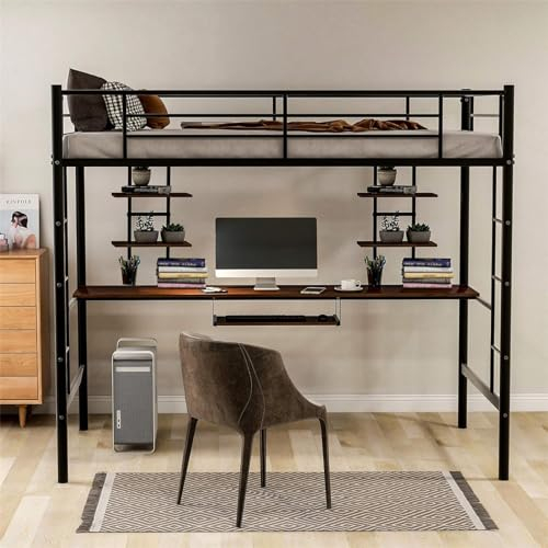 Tcewhhy Cama Metal 90x200 Cama De Hierro con Escritorio Y 2 Estanterías para Niños Jóvenes Y Adultos Cama Alta Cama Individual Cama Juvenil Cama Infantil Estructura De Cama De Metal Negro