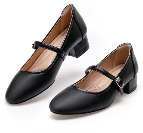 hingswink Mary Jane-skor för kvinnor, vita låga klackar, klänningsskor, pumps för kvinnor, uppklädd låg klack 5 cm tjock klack Mary Janes pumpar med justerbar ankelrem för kvinnor, uppklädd vardaglig,