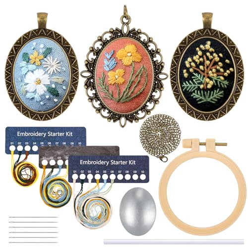 JSRQT 3 Paquetes Punto Cruz Bordado a Mano para Principiantes Kit de Inicio de Bordado Vintage DIY Charm Collar Aretes Artes de Bricolaje Manualidades Sweater Necklace con Patrones e Instrucciones