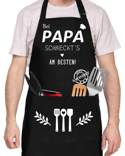 Tarklanda Papa Geschenke Schürze Baumwolle Kochschürze für Männer als Geburtstagsgeschenk, Grillgeschenke, Grillschürze Schwarz Geschenk für Papa zum Geburtstag Grillparty Vatertag
