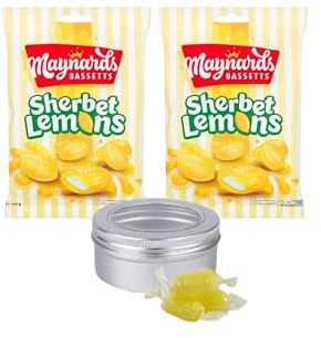Maynards Sherbet Lemons Sweets x 2 Bags x 162g (324g) Bundle with TinTastic Silver Refillable Window Lid Travel Tin