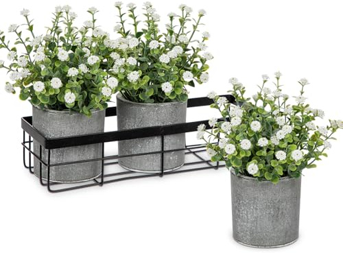 Briful 3er Set Künstliche Schleierkraut im Topf mit Metallkorb Kunstblumen Wie Echt Gypsophila Dekoblumen für Home Fenster Badzimmer Dekoration