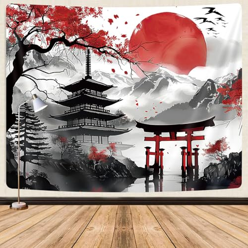 GOAOK Japanischer Anime-Wandteppich, coole japanische Kirschblüte, Blumen, Bergsonne, asiatische orientalische abstrakte Kunst, Wandbehang für Männer, rot und schwarz, große Wandteppiche, ästhetisch