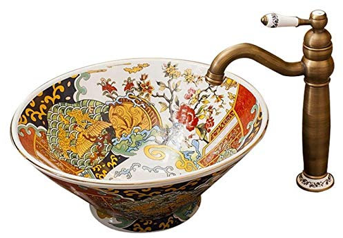 Lavabi da appoggio , Lavandino da appoggio for bagno Lavandino d'arte for hotel di lusso Lavandino da appoggio in ceramica rotonda e combinazione di rubinetto Lavandino da appoggio colorato Lavandino