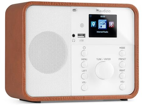 Audizio Nardo Radio Digital Dab con Bluetooth, WiFi Radio, Mando a Distancia, USB MP3 Playback, Dab Internet Radio, 32,000 Emisoras, Dab+/FM, 250 Presintonías - Blanco/Madera