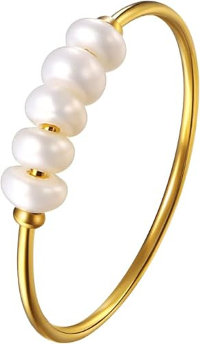 Bkemkri Bague Perle en Acier Inoxydable, Bague Perle, Bague de FiançAilles Avec Perles D'eau Douce Blanches, Bague de Mariage, Bague Femme, Cadeau Pour Femme