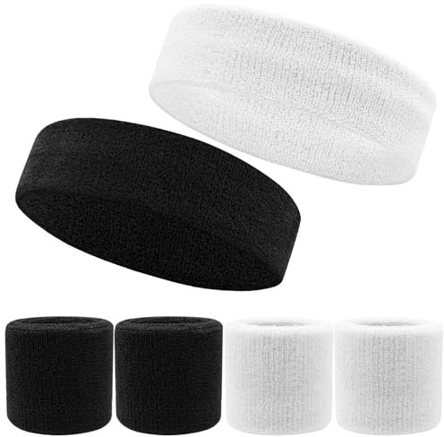 6 Stück Sport Wristbands Headbands Set für Damen Herren,Schweißband Set mit 4 Schweißbändern für die Handgelenke und 2 Stirnband Sportstirnband für Fußball Basketball Gymnastik-schwarz und weiß