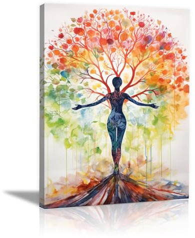 IEPOZWA Impression sur Toile Arbre de la vie Tableau Peinture, Arbre de vie abstrait abstrait Murale Image sur Toile chambre coucher Salle de bains Bar Café - 60x80cm Encadrée(orange)
