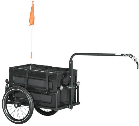HOMCOM Remolque Trolley para Bicicletas con Caja de Almacenamiento extraíble y Plegable de 65L, neumáticos de Seguridad y reflectores, Carga máxima 40KG, Negro