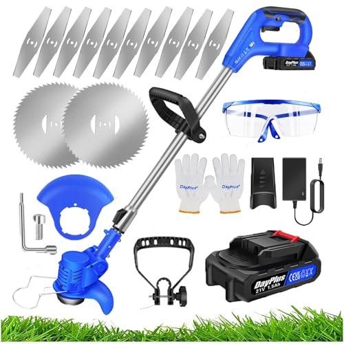 Coupe-Bordures sans Fil à Lames métalliques 21V avec 10 Lames métalliques de 125 mm de diamètre de Coupe Coupe-Bordures sans Fil pour pelouse et Jardin Bleu (1 Pile)