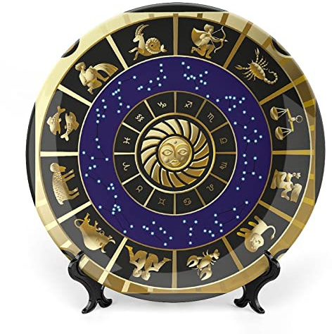 asbwuo Decorative Plates, Astrology Print Ornament, Plaquet Seem Square Shape Details Zodiac, 8 Inch, 1 Plate with 1 Display Stand, Black Gold and Navy Blue