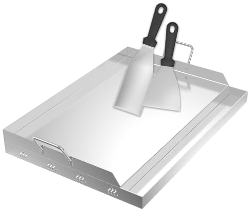 PEILU Edelstahl Grillplatten 58x32x7cm Universal Plancha Grillplatte Set mit Handgriff, Fettsammelbehälter & 2 Grillspachtel BBQ Feuerplatte Blech Griddleplatte für Gasgrill Kohlegrill Induktiongrill