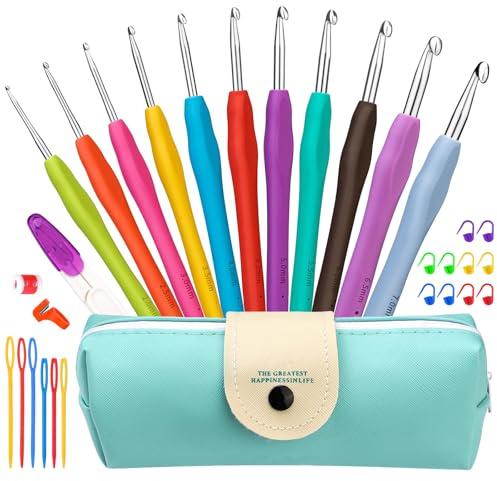 Crochet Hooks 11 Sizes Crochet Hook Set, 32 Pack Yarn Crochet Kit for Beginners, Knitting Needles with Ergonomic Handles for Arthritic Hands, Crochet Needle Kit (2mm-7mm) with Case for Crocheters
