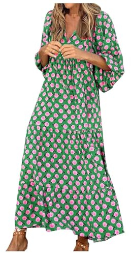 Bohemian Dresses for Women UK Size 20 Womens 3/4 Puff Sleeve Summer Boho Long Dress Front Tie Neck Vintage Floral Print Tiered Ruffle Hem Casual Loose Flowy Maxi Dresses Green S