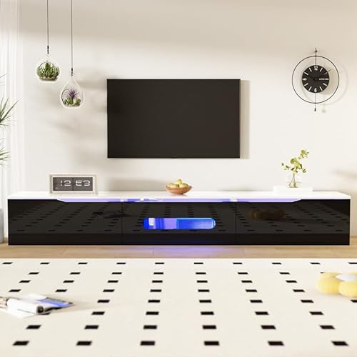 LORISMAI Meuble TV, Noir et Blanc 180 cm de Long, Finition Brillante, avec éclairage LED 16 Couleurs, Montage Mural