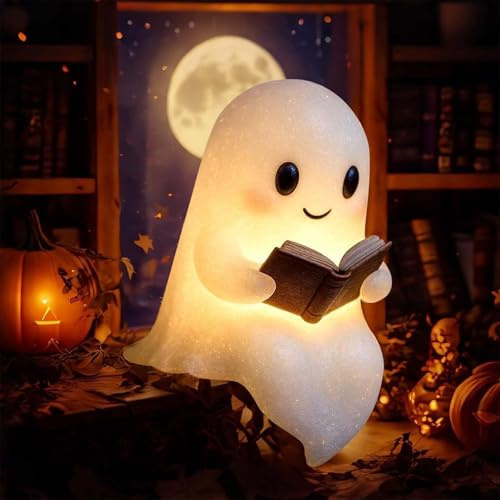 magimagi Ghost Reading Book Lamp, Cute Ghost Light Halloween Decorations, Halloween Light up Ghosts for Indoor Home Table Centerpiece Bedroom Shelf Readers