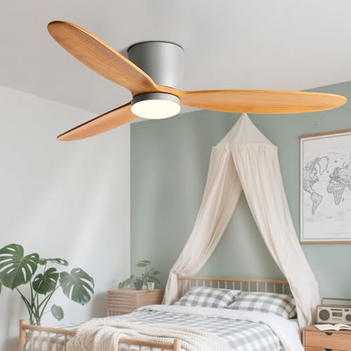 Pilanp Ventilatore a Soffitto Moderno in Legno con Luce 6 velocità, Motore DC Energeticamente Efficiente, Telecomando, Montaggio Flush per Interni, Camera e Cucina Ventilatore a soffitto con Luce