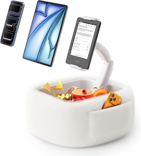 LULULOOK Kindle Halterung Kissen, 360° Verstellbarer Tablet Ständer mit Memory Schaum, 2 Taschen & Abnehmbarer Snackschale, Universal Kindle Zubehör für 4.7–16 Zoll Geräte (Weiß)