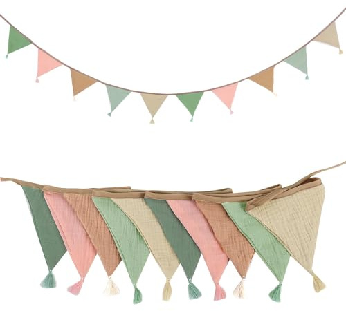 Fabric Bunting Banner, 2.6 m Double Sided Cotton Bunting with Tassels, Triangle Garland Flags for Brithday Party Garden Wedding Bedroom Decoration Baby Shower