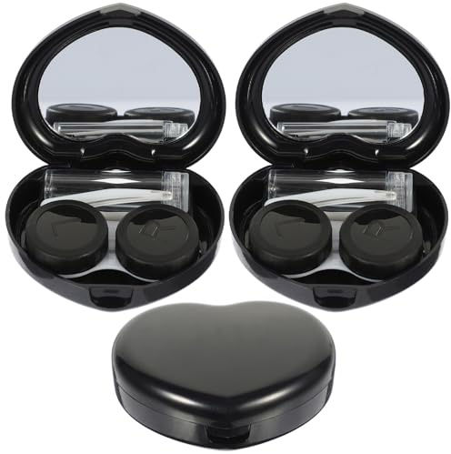 iplusmile 3 Sets Portable Contact Lens Case with Mirror, Small Heart-Shaped Contact Lens Holder Box Kit for Travel and Daily Use, Black