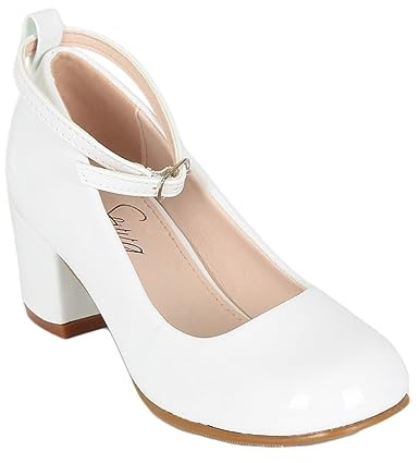 Girls' Patent High Block Heel Mary Jane Shoes with Ankle Strap Communion Confirmation Footwear