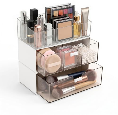 PTSUPLES Stapelbarer Kosmetik Organizer 3er Set, Make-up Organizer mit Lippenstiftfach, Einzelfach und 3-Fächer-Schublade, für Badezimmer, Schminktisch, Schreibtisch und Büro