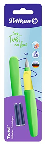 Pelikan Twist Füllhalter, Edelstahl-Feder in Strichbreite M inkl. 2 Tintenpatronen, neon grün, 1 Stück