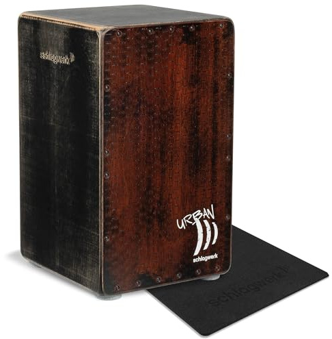 Schlagwerk CP5210 Cajon Urban OS Old Red - ausgeprägter Bass - voll verschraubt, Gabun Schlagfläche mit stylischem Used Look, Made in Germany - stimmbare Snare-Saiten - inklusive Sitzkissen