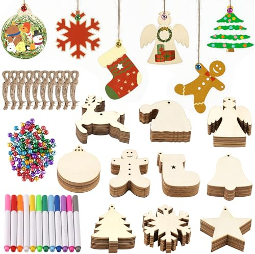 3 otters 100PCS Wooden Christmas Ornaments Set, Christmas Crafts for Kids Adults, with Pre-drilled Hole and Ropes, 100 Bells and 12 Colored Pens, Unfinished Wood Crafts for DIY Xmas Tree Decorations