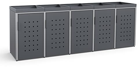 MEISTERBOX – 5er Mülltonnenbox Mülltonnenverkleidung mit Pflanzdach - 120L - Korpus & Dach Anthrazit/Pfosten Signalgrau
