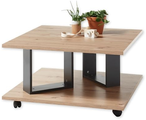 ZERA Couchtisch auf Rollen in Artisan Eiche Optik, Anthrazit - Mobiler Sofatisch für Ihr Wohnzimmer - 80 x 40 x 80 cm (B/H/T) | Mobiler Sofatisch für das Wohnzimmer, 2 Tischplatten auf 2 Ebenen, Gestell in Anthrazit, auf Rollen verschiebbar