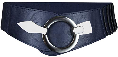 Elastischer Damen Taillengürtel, ca. 6 cm breiter Hüftgürtel mit silberner Ring-Schließe, Stretchgürtel (75 cm (für Taillenweite 75-90 cm), Dunkelblau)