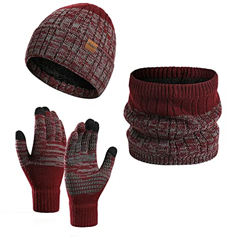 Daysskk Mütze Schal Handschuhe set Damen Warmes Set Wintermütze Beanie Damen Touchscreen Handschuhe Strickmütze Damen Winter Weihnachtsgeschenke für Frauen Weinrot