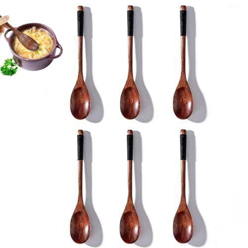6 Pezzi Cucchiai di zuppa di legno, Cucchiai da Cucina in Stile Giapponese, Eco-Friendly Cucchiai da Zuppa, Adatto per Mescolare, Insalate, Bevande Fredde, Bevande Calde(Marrone)