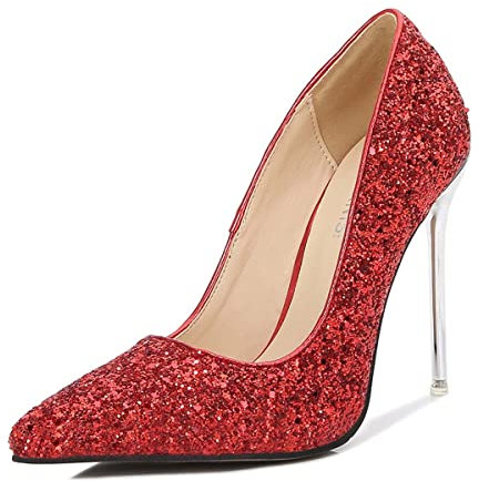 JOEupin Dam glitterpaljetter högklackade stilettos pumps slip-on sexig spetsig tå baspump, Röd, 43 EU