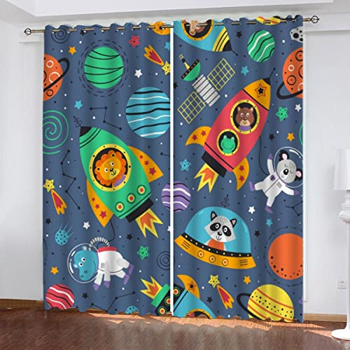 Rakete Weltraum Tiere Vorhang Blickdicht B 140 X H 160 cm Zeichentrickfilm Für Kinder Gardinen mit ösen Polyester Schallschutz Vorhänge 2er Set für Jugendzimmer Wohnzimmer Schlafzimmer Modern Home