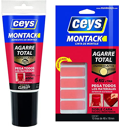 Ceys - Adhesivo de montaje - Montack a.t - Inmediato - Tubo 260 G + Montack a.t - Inmediato - Cinta precortada - 10 Tiras