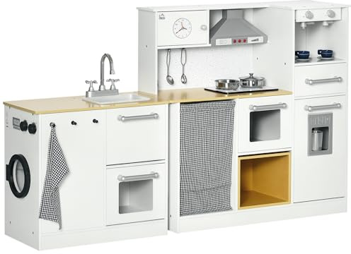 HOMCOM Cocina de Juguete de Madera para Niños de +3 Años Cocinita de Juguete con Luz Sonidos Taburete Cafetera Máquina de Hielo Lavadora Horno Refrigerador Fregadero 78,5x29x81 cm Blanco