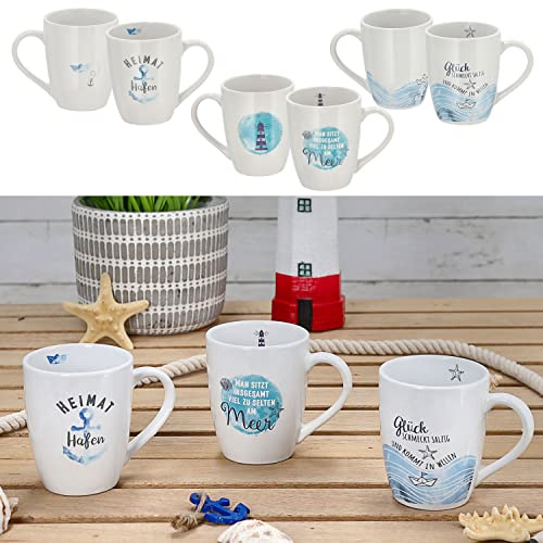 Cepewa Kaffeebecher | 13x9x9cm Emaille Eisen Metall weiß 450 ml | Henkelbecher mit Motive (1 x 3er Set Kaffeebecher Maritim)