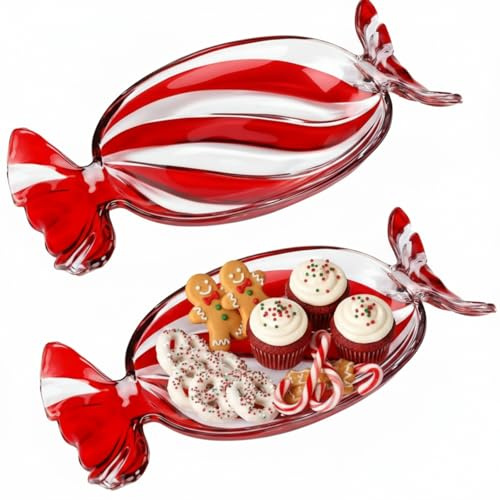 Uiifan 2 Pcs Peppermint Candy Tray Platter - Crystal Glass Fruit Plates Serving Dessert Plates - Red Candy Cane Christmas Dish Decorations for Xmas Holiday Party Favor | Crystal Glass Platter, Candy Cane Dish Decorations for Cookies Desserts Fruit, Holiday Party Favor, Xmas Table Centerpiece