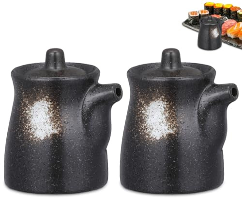 Yardwe Lot de 2 distributeurs d'huile en céramique, mini crémier en céramique de style japonais Shoyu, distributeur de sauce soja, distributeur de vinaigre avec couvercle (noir)