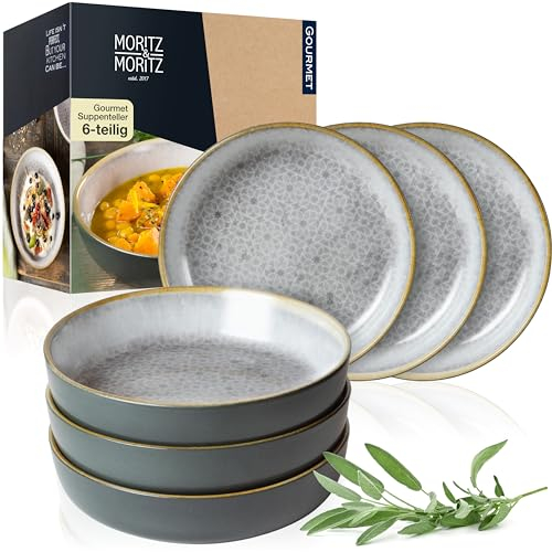 Moritz & Moritz Terra 6-Piece Soup Plates Each 700 ml | 24oz - Ø 19 x 4,5 cm - in Decent Grey Porcelain - Deep Plates for Soups, Salads, Muesli, Pasta and Much More
