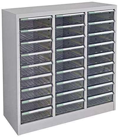 PROREGAL Schubladencontainer Kobra mit 27 transparenten PVC-Schubladen | HxBxT 88x80x35cm | Lichtgrau | Schubladenschrank Schubladenbox