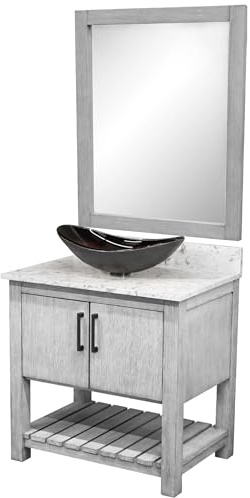 Miseno MV-30SG-NOBV-6001-0088031-MIR 30 Free Standing Single Basin Vanity Set with Cabinet, Quartz Vanity Top, Oval Glass Vessel Sink and Mirror - Stonewash Grey/Cafe Mocha Top/Matte Black