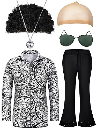 Mepase 6 Pcs Men 70s Disco Costumes Include Retro Shirt Bell Bottom Pants Wig Sunglasses Necklace Wig Cap for Disco Party(Sequin Style,XX-Large)